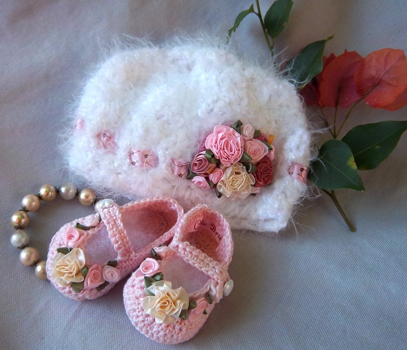 Booties and Hat Creme Brulee Shabby Chic Luxury for Preemie or infant FREE Shipping image 1