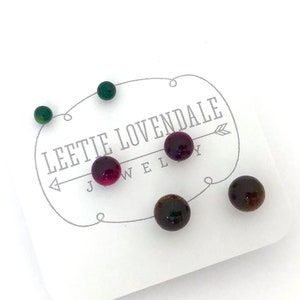 Red Moonglow & Evergreen Brown Gold Sparkle Tiny Stud Earrings Set