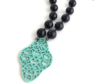 Black & Turquoise Boho Lace Beaded Aleta Necklace | Vintage Lucite Beaded Bohemian Necklace