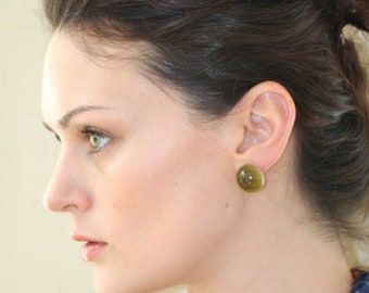 Olive Green Studs | Olive Green Moonglow Retro Button Posts | vintage lucite earrings by Leetie