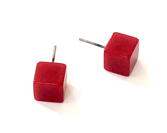 Red Square Earrings | Cherry Red Cube Studs | retro lucite square post earrings