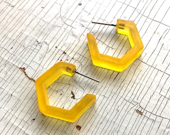 Golden Yellow Honeycomb Hex Hoop Earrings | Mustard Frosted Lucite Hoops Made with Vintage Plastics | Sustainable Jewelry Leetie Lovendale