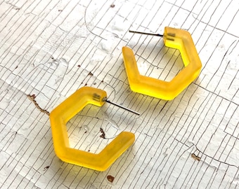 Golden Yellow Honeycomb Hex Hoop Earrings | Mustard Frosted Lucite Hoops Made with Vintage Plastics | Sustainable Jewelry Leetie Lovendale