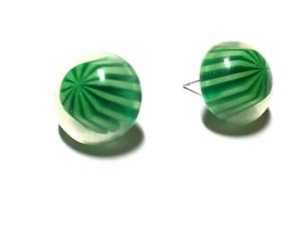 Green Stripe Stud Earrings | Candy Encased Emerald Green Stripe Retro Button Studs | vintage lucite post earrings
