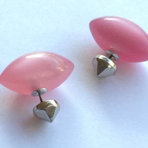 Double Sided Earrings - vintage lucite moonglow studs - Metallic Pewter Bullet & Lilac Pink Pod Bead Backings