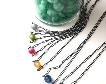 Simple Bauble Paperclip Necklace - vintage moonglow bead charm. necklace