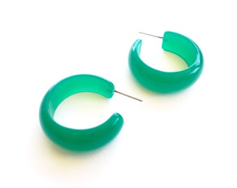 Green Hoop Earrings | Emerald Green Moonglow Hoops | vintage lucite small simple hoop earrings