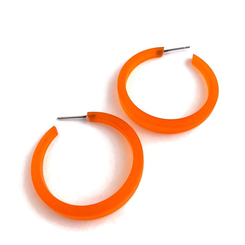 Sustainable Jewelry Tapered Narrow Hoops Made with Vintage Upcycled Plastics Orange Phoenix Hoop Earrings Frosted Vintage Hoops