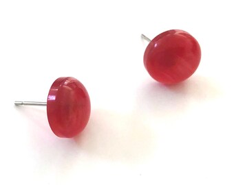 Red Moonglow Retro Button Disc Stud Earrings | Vintage Lucite Post Earrings