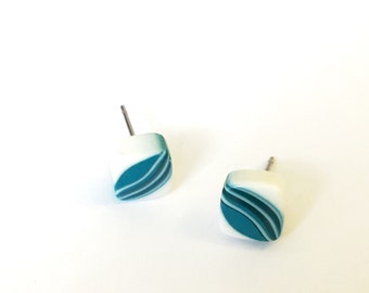Aqua Blue & White Striped Square Cane Slice Stud Earrings | Turquoise Vintage Lucite Studs