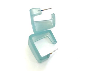 Teal Frosted Hoop Earrings | Wide Cubist Hoops | vintage frosted lucite square hoop earrings