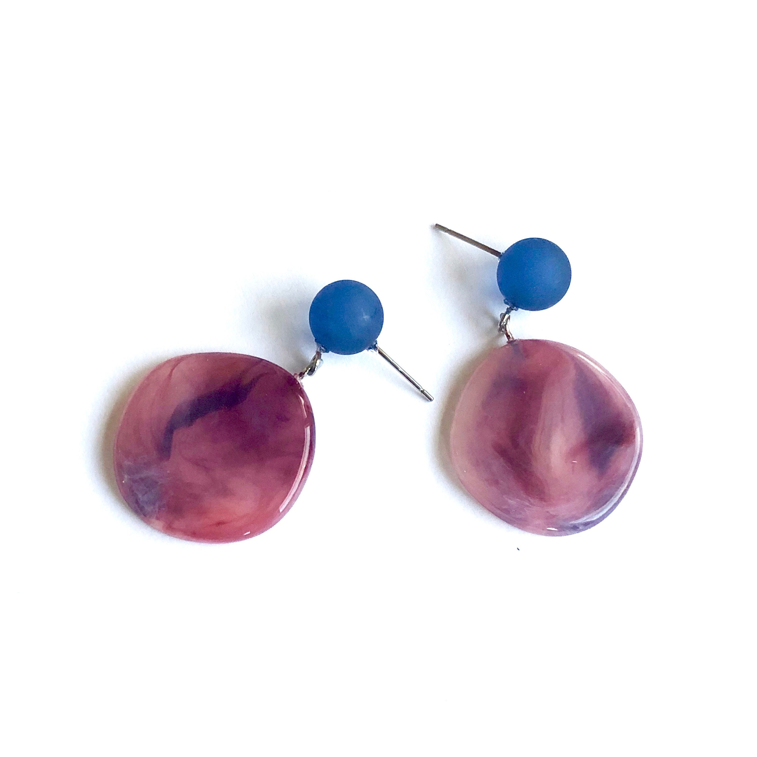 Mauve Pink & Denim Blue Marbled Lucite Geo Drop Sarah Earrings | Etsy