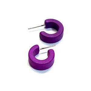 May include: A pair of purple hoop earrings. The earrings are made of a smooth, matte material and have a simple, modern design.