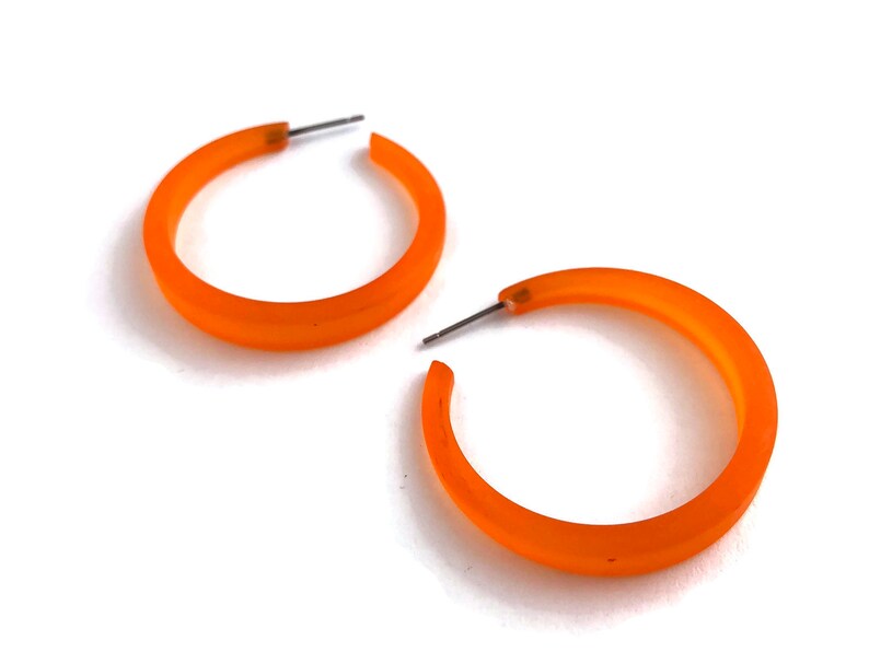 Sustainable Jewelry Tapered Narrow Hoops Made with Vintage Upcycled Plastics Orange Phoenix Hoop Earrings Frosted Vintage Hoops