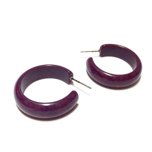 Purple Hoops | Eggplant Purple Marbled Simple Hoop Earrings | vintage retro lucite by Leetie Lovendale