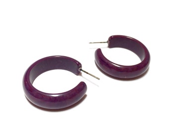 Purple Hoops | Eggplant Purple Marbled Simple Hoop Earrings | vintage retro lucite by Leetie Lovendale