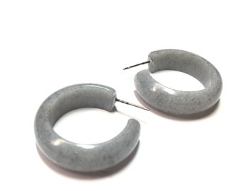 Grey Hoop Earrings | Granite Grey Speckled Hoops | Stone Like vintage lucite Simple Hoop earrings