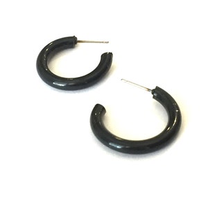 Black Hoops | Jet Black Hoop Earrings | Shiny Black Earrings | Skinny Tubes in vintage lucite by Leetie Lovendale