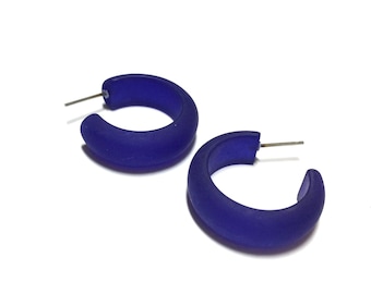 Blue Hoop Earrings | Cobalt Blue Frosted Hoops | vintage lucite small simple hoop earrings