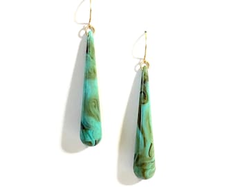 Turquoise Marbled Long Teardrop lucite statement earrings