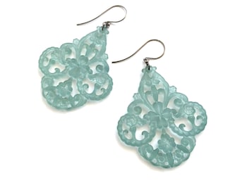 Teal Blue-Green Frosted Filigree Chandelier Lucite Statement Drop Earrings