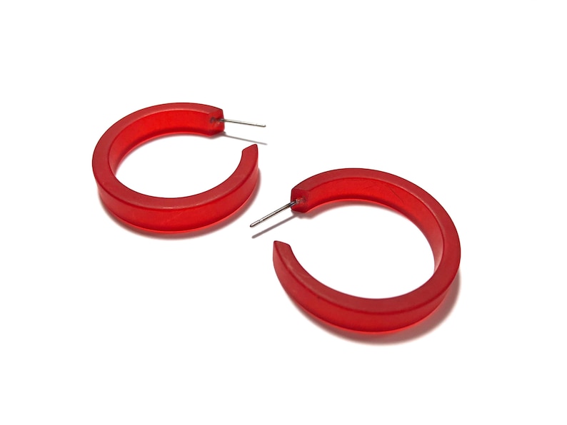 Cherry Red Hoop Earrings Small Classic Hoops Red Matte vintage Frosted Hoop Earrings image 1