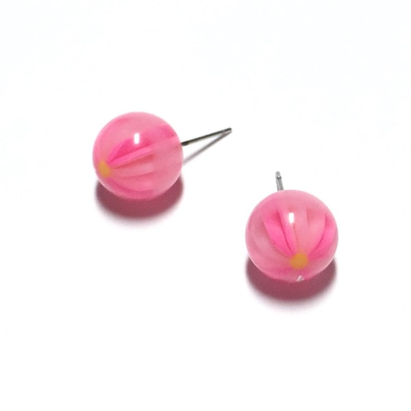 Pink Encase Daisy Flower Ball Stud Earrings