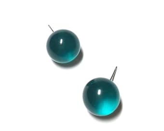 Emerald Green Transparent Ball Stud Earrings | Teal Green Stud Earrings in Transparent Lucite