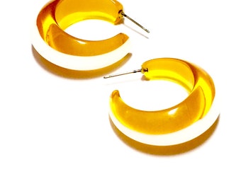 Yellow Hoop Earrings | Lucite Pinched Bulb Hoops in Yellow and White | vintage lucite hoop earrings