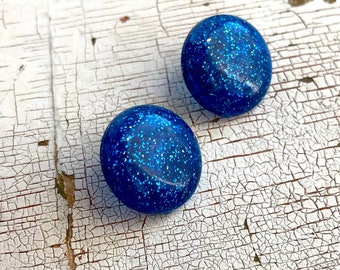 Blue Glitter Stud Earrings | Cobalt Blue Sparkle Studs | vintage lucite Retro Button Stud post earrings