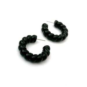 Black Twisted Rope Hoops | Vintage Lucite Jewelry Retro Hoops