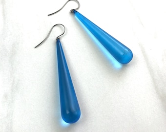 Aqua Blue Long Teardrop lucite statement earrings - made with vintage lucite