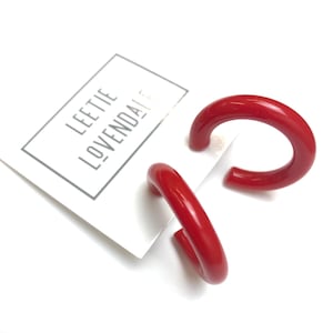 Cherry Red Tube Hoop Earrings - 1.25" - vintage lucite bright red hoops