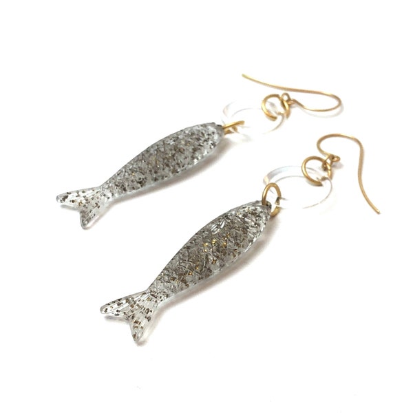 Gold Glitter & klare Fische eine Verlockung Ohrringe