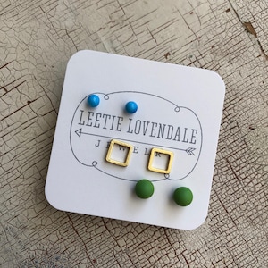 Minimalist Earrings Set | Tiny Geometric Studs | Lime Green Gold Squares & Turquoise Stud Earrings