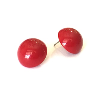 Cherry Red Retro Button Studs Lucite Earrings - made with vintage plastics - sustainable jewlry brand