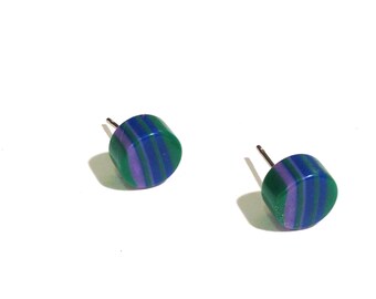 Green Stud Earrings | Striped Studs | Green Purple & Blue vintage lucite post earrings