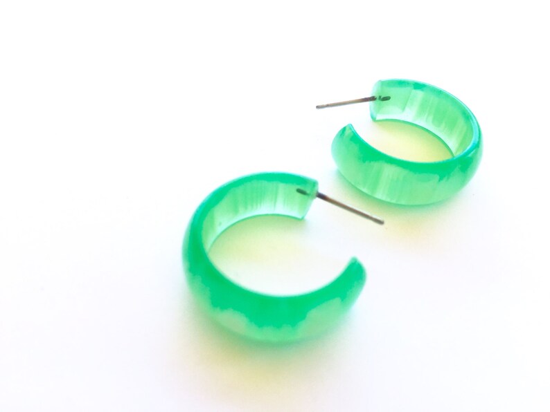 Green Hoop Earrings Raw Moonglow Striped Lucite Vintage | Etsy