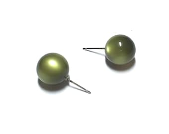 Olive Green Stud Earrings | Moss Green Moonglow Studs | vintage lucite earrings