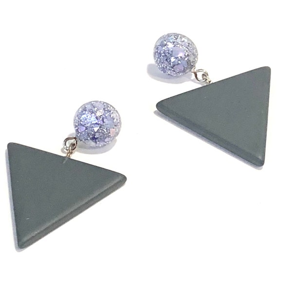 Lavender Sparkle and Dark Grey Matte Triangle Drop Earrings | Geometric Vintage Lucite Statement Earrings | Leetie Lovendale