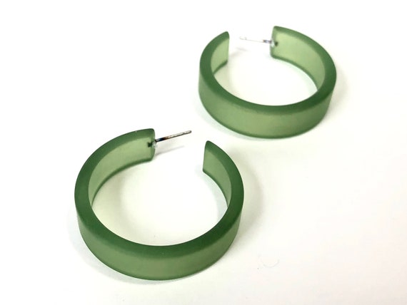 vintage frosted thread thin classic lucite hoop earrings Sea Glass Green Hoop Earrings