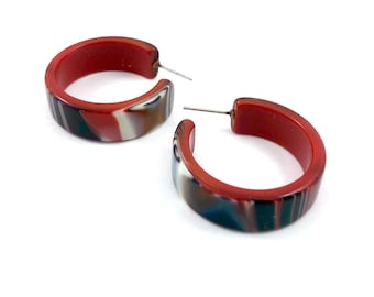 Red Marbled Wide Lucite Hoop Earrings | Vintage lucite hoop earrings