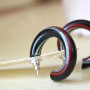 Black Lime & Red Striped Tube Hoop Earrings - made with Best Plastics thermoset from the 1960&#39;s vintage hoops