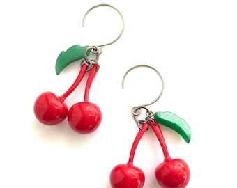 Cherry Bombshell Drop Earrings - Retro Pin-Up Cluster Cherries Fruit Earrings