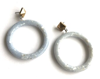Ice Blue Speckled with Brass Nailhead Donut Drop Earrings