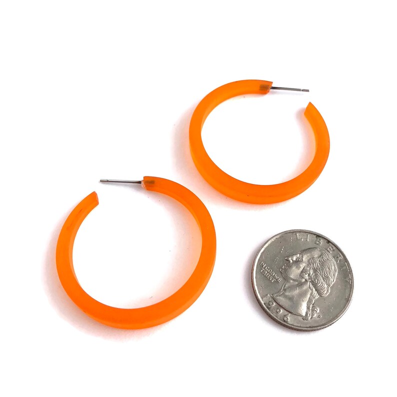 Sustainable Jewelry Tapered Narrow Hoops Made with Vintage Upcycled Plastics Orange Phoenix Hoop Earrings Frosted Vintage Hoops