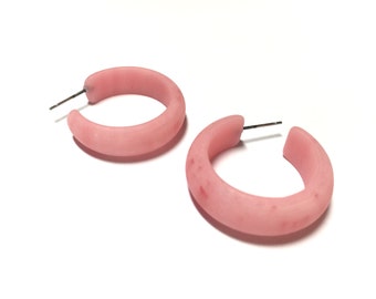 Pink Hoop Earrings | Strawberry Souffle' Matte Marbled Frosted Simple Hoops | vintage lucite