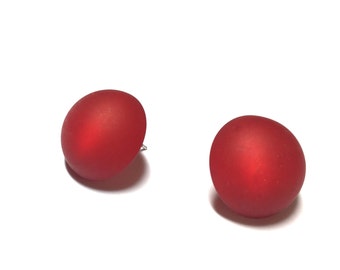 Cherry Red Matte Moonglow Retro Button Stud Earrings