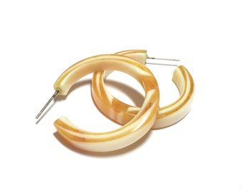 Yellow & Cream Striped Marbled Vintage Lucite Pin Up Hoop Earrings