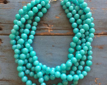 Turquoise Lucite Beaded Statement Necklace | Vintage Acrylic Sylvie Multi Strand Art Jewelry